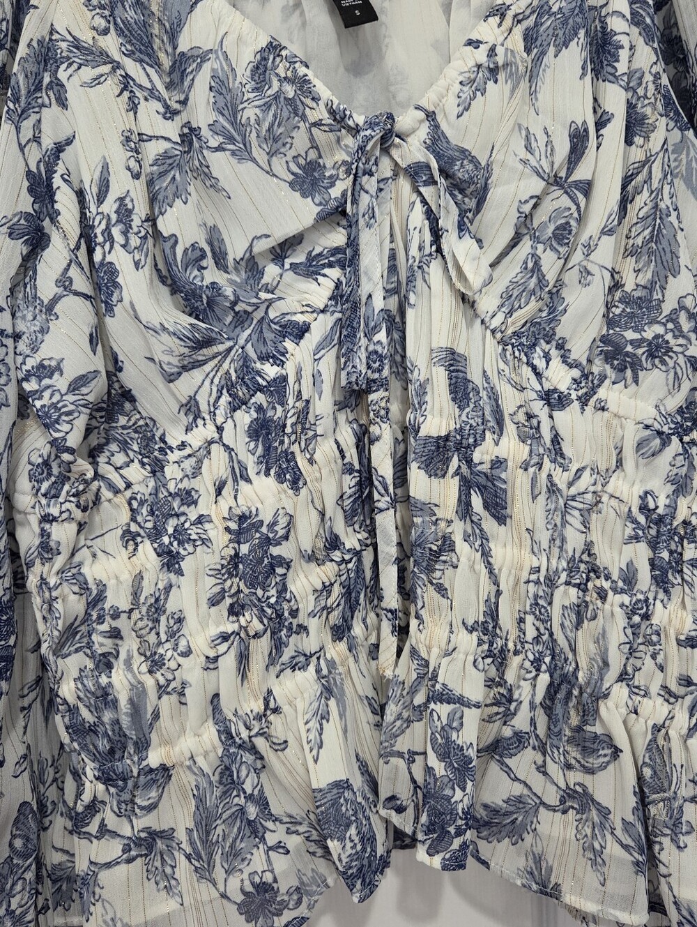 Express Boho Blue Floral Puff Long Sleeve Smocked Waist Peasant Top Size Small - Picture 5 of 9